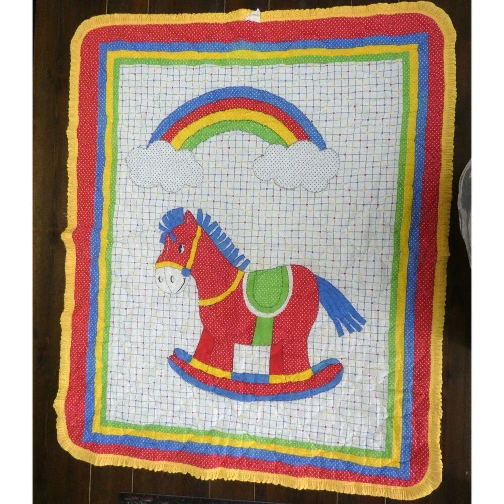 VTG Handmade Baby Blanket Quilt Nursery Rocking Horse Rainbow Ruffle 42